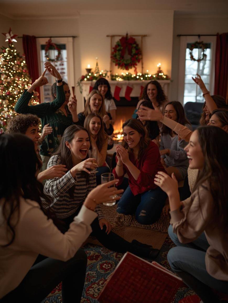 A group of women gathered in a cozy living room, laughing and raising glasses in celebration by a lit fireplace. A decorated Christmas tree and stockings add a festive atmosphere.