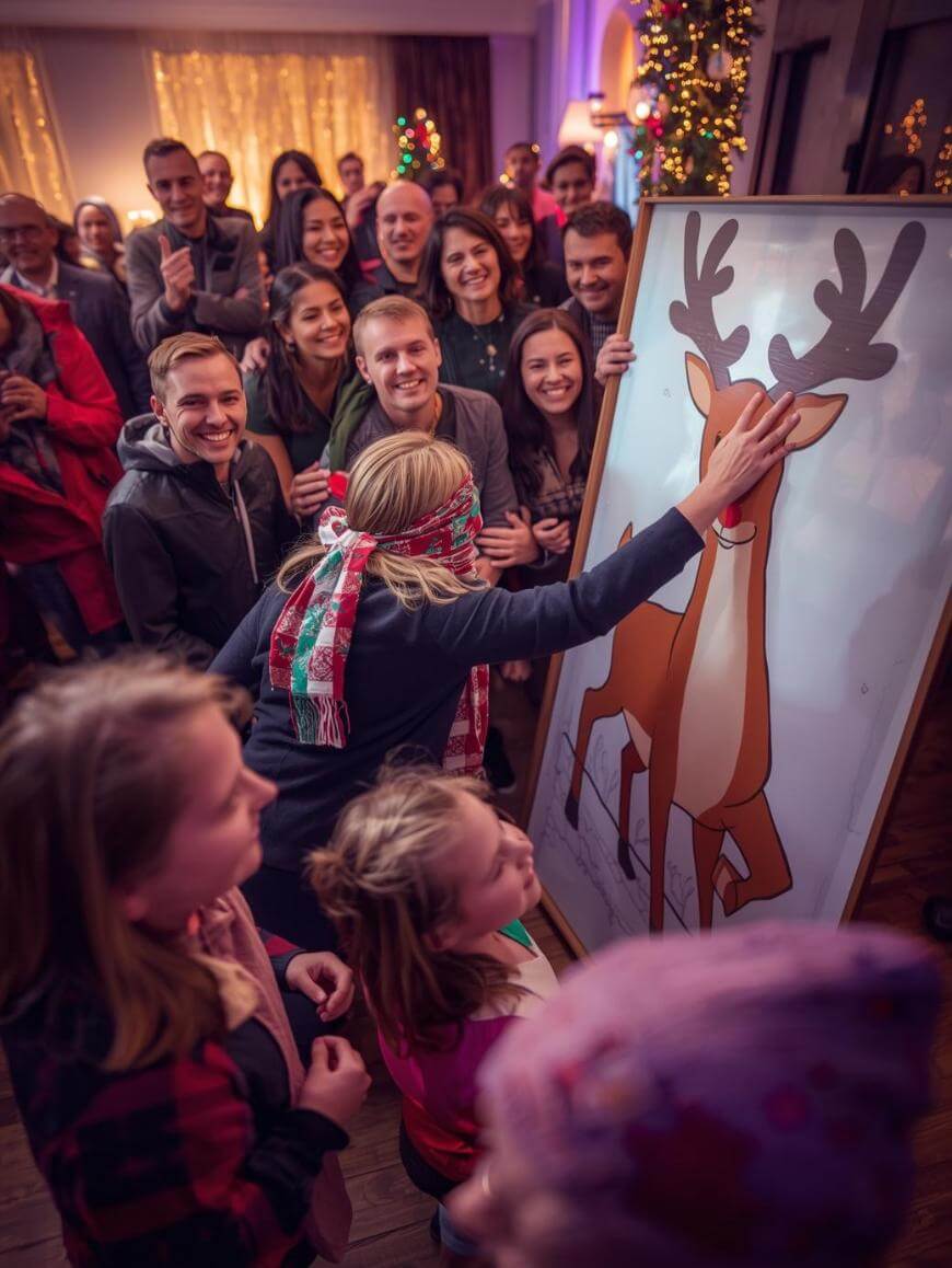 A group of people, both adults and children, smile and watch as a blindfolded woman tries to pin a red nose on a large reindeer poster at a festive indoor holiday party.