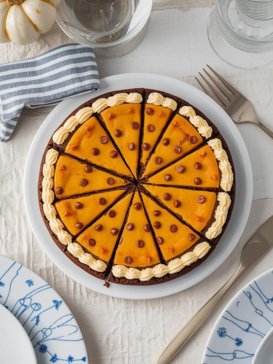 A round pumpkin cheesecake is sliced into twelve pieces, topped with chocolate chips and piped whipped cream, and placed on a white plate. Forks, glasses, a napkin, and plates with blue designs are nearby.