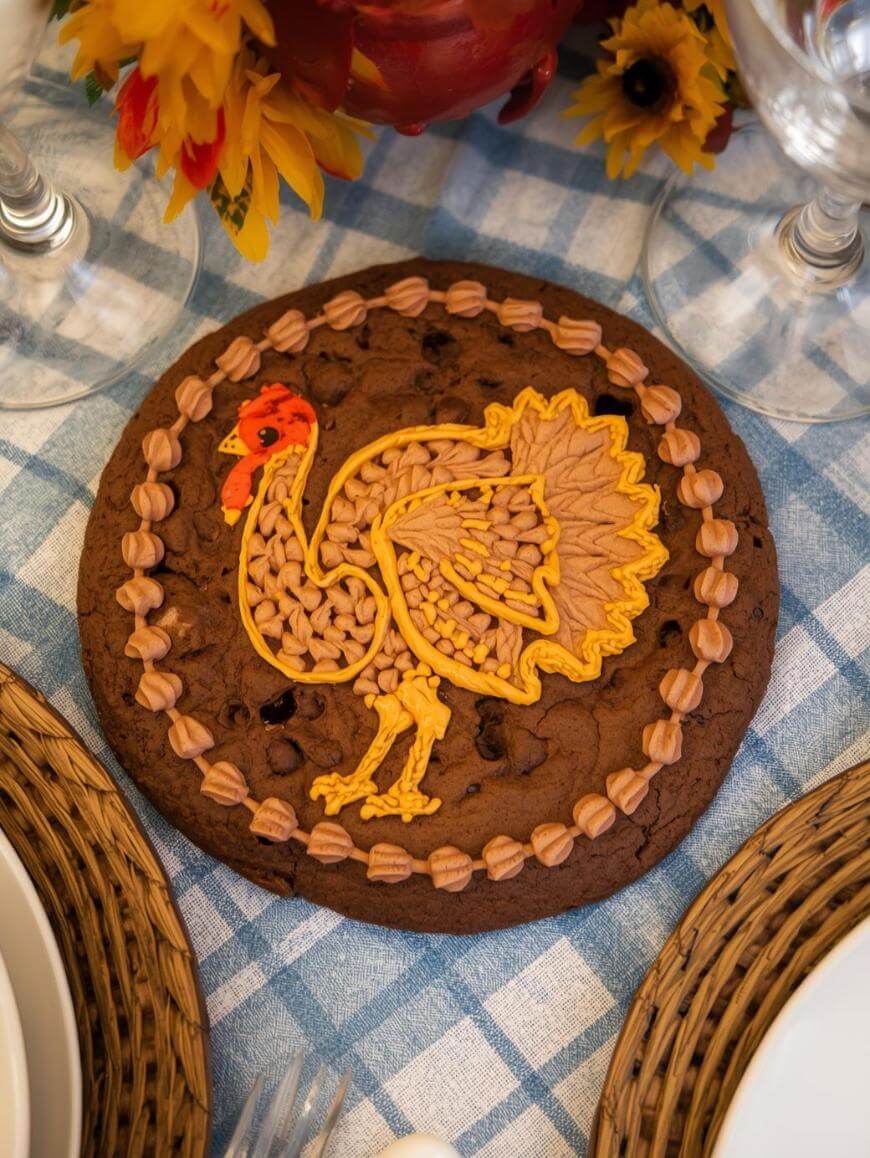A large chocolate chip cookie decorated with icing in the shape of a turkey is placed on a blue and white checkered tablecloth, surrounded by plates, glasses, and sunflowers.