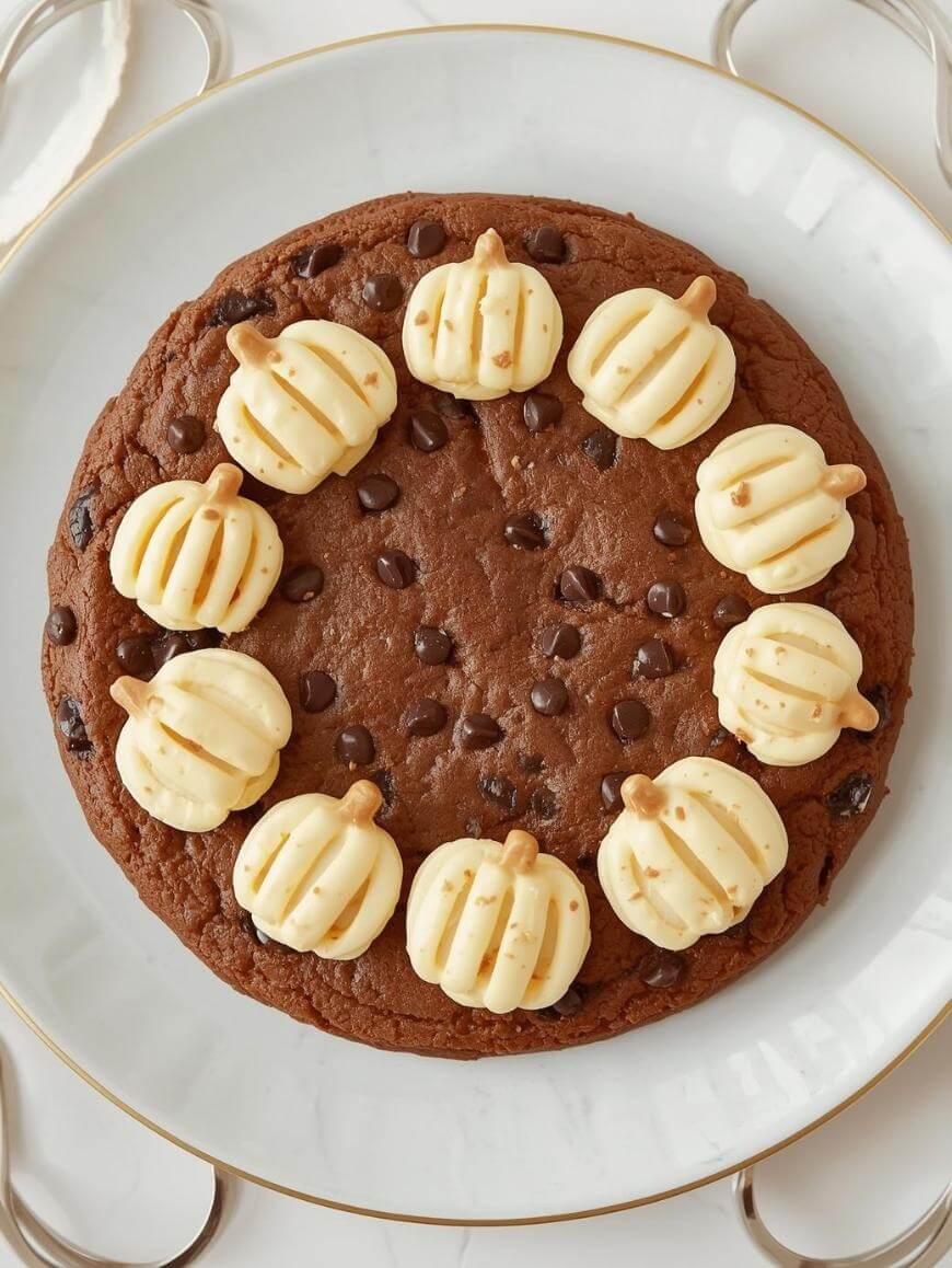 A large chocolate chip cookie on a white plate, decorated with nine small pumpkin-shaped dollops of cream or frosting arranged in a circle around the edge.
