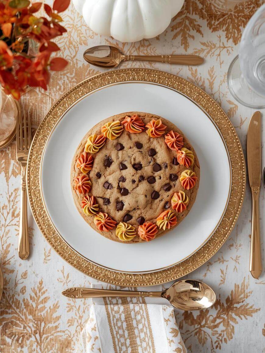A chocolate chip cookie cake with orange, yellow, and red frosting is placed on a white plate with a gold decorative rim, surrounded by gold cutlery on a fall-themed table setting.