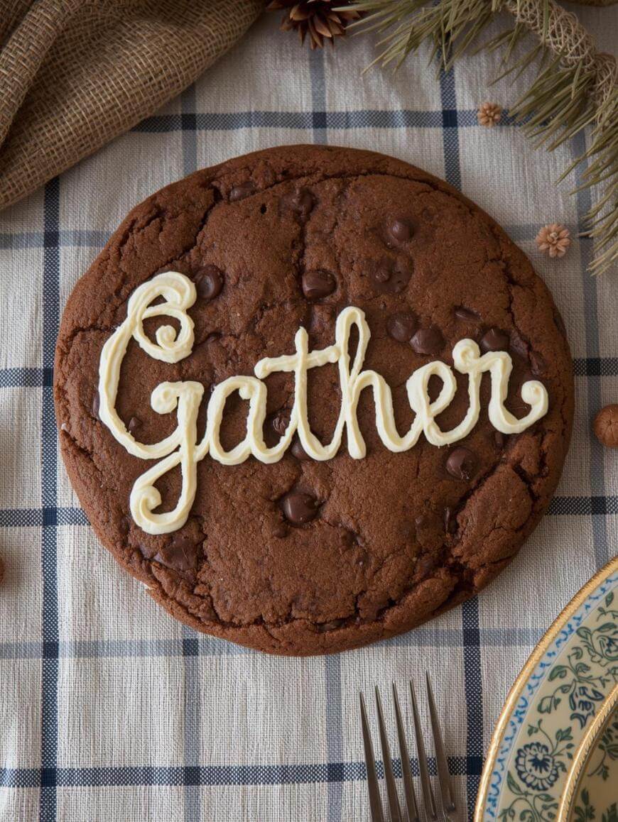 A large chocolate cookie with chocolate chips, topped with white icing spelling Gather, is placed on a checkered tablecloth near a decorative plate and rustic foliage.