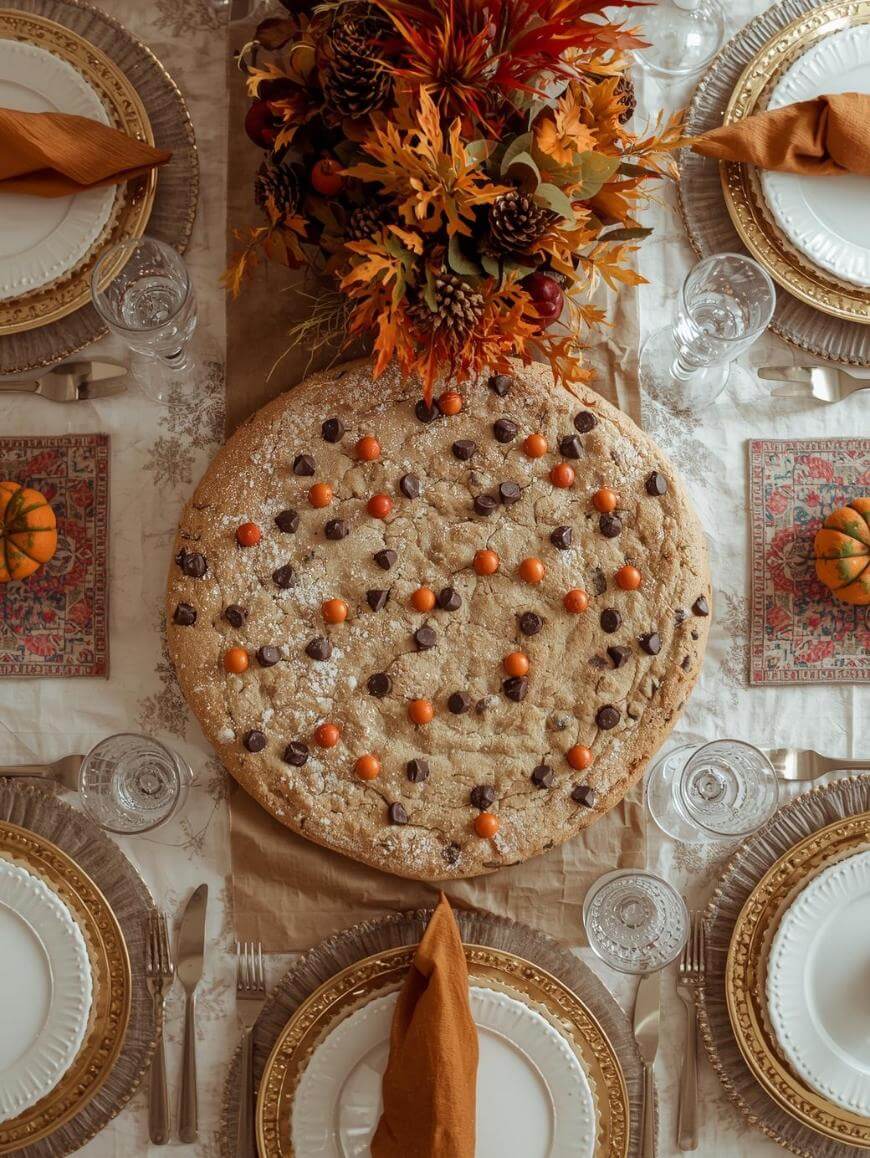 A large chocolate chip cookie with orange candies sits at the center of a fall-themed table set with plates, glassware, gold flatware, pumpkin decorations, and an autumn centerpiece of leaves and pinecones.