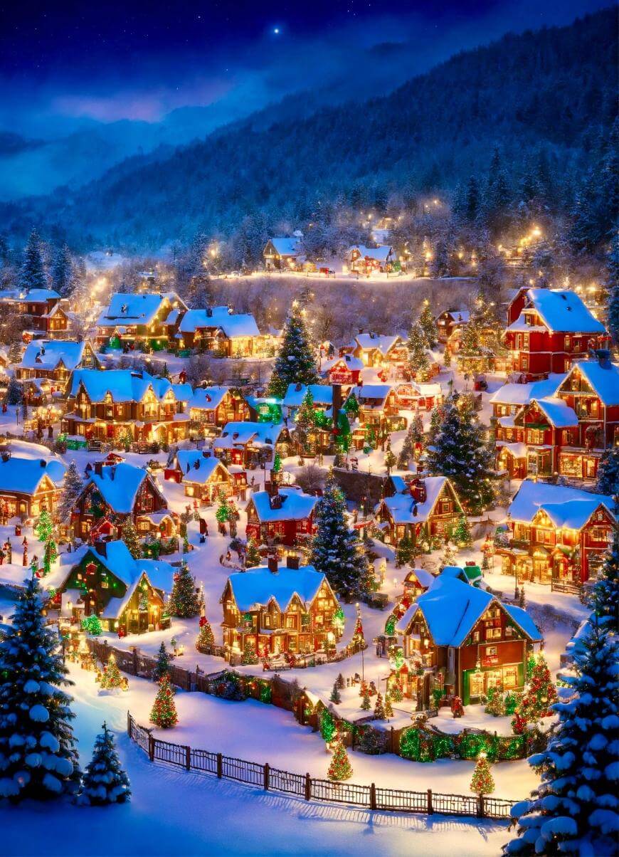A snowy village at night is decorated with glowing Christmas lights. Cozy houses with snow-covered roofs are surrounded by pine trees, and the scene is set against a backdrop of forested hills under a starry sky.