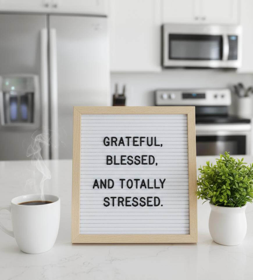 A wooden-framed sign on a kitchen counter reads, Grateful, blessed, and totally stressed. Next to the sign are a steaming mug and a small green potted plant. Stainless steel appliances are in the background.