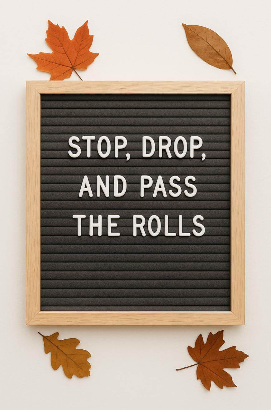 A letterboard with the words “STOP, DROP, AND PASS THE ROLLS” surrounded by four autumn leaves on a light background.