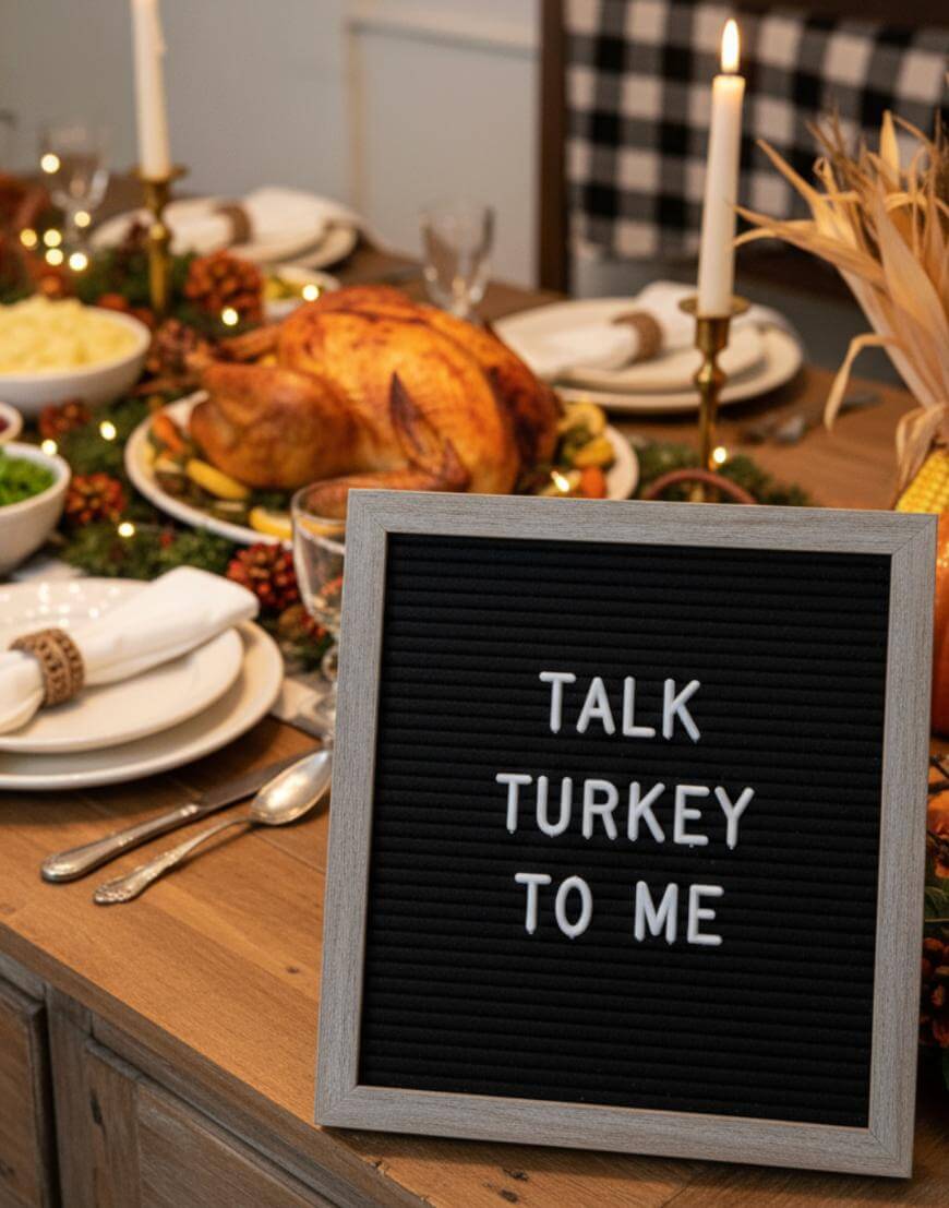 A Thanksgiving dinner table with a roast turkey, side dishes, candles, and a letter board sign in front reading, TALK TURKEY TO ME.