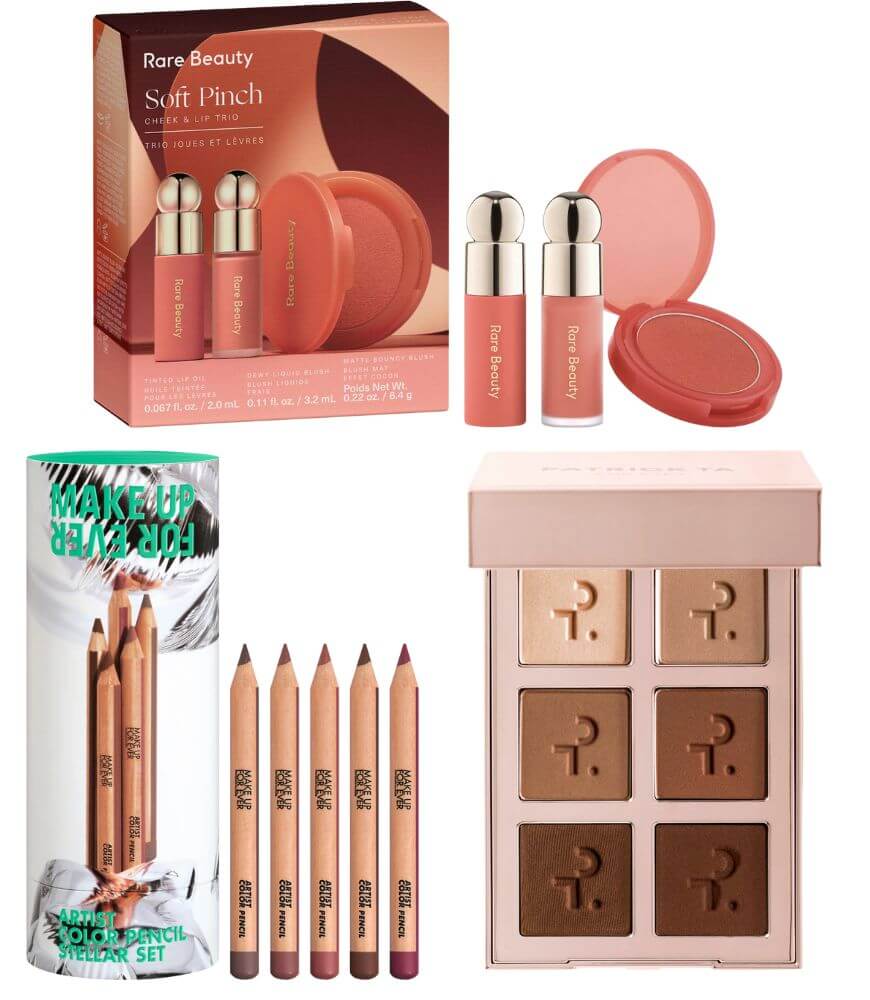 Four makeup products are displayed: a Rare Beauty cheek and lip set, two Rare Beauty liquid blushes, a pack of four brow pencils, and a six-pan makeup palette with various brown shades.