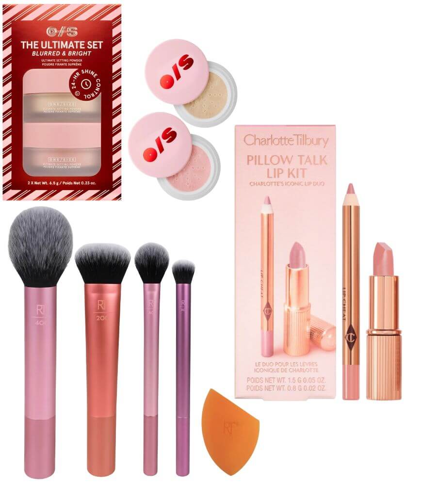 Assorted makeup products including a brush set, a lip kit, two small round containers of lip balm, and a boxed set of mini lip balms, all arranged on a white background.