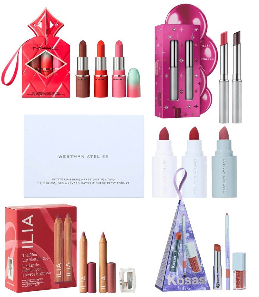A collage of various holiday makeup gift sets, including lipsticks, lip balms, and lip glosses, packaged in festive boxes and pouches in red, pink, purple, and blue designs.