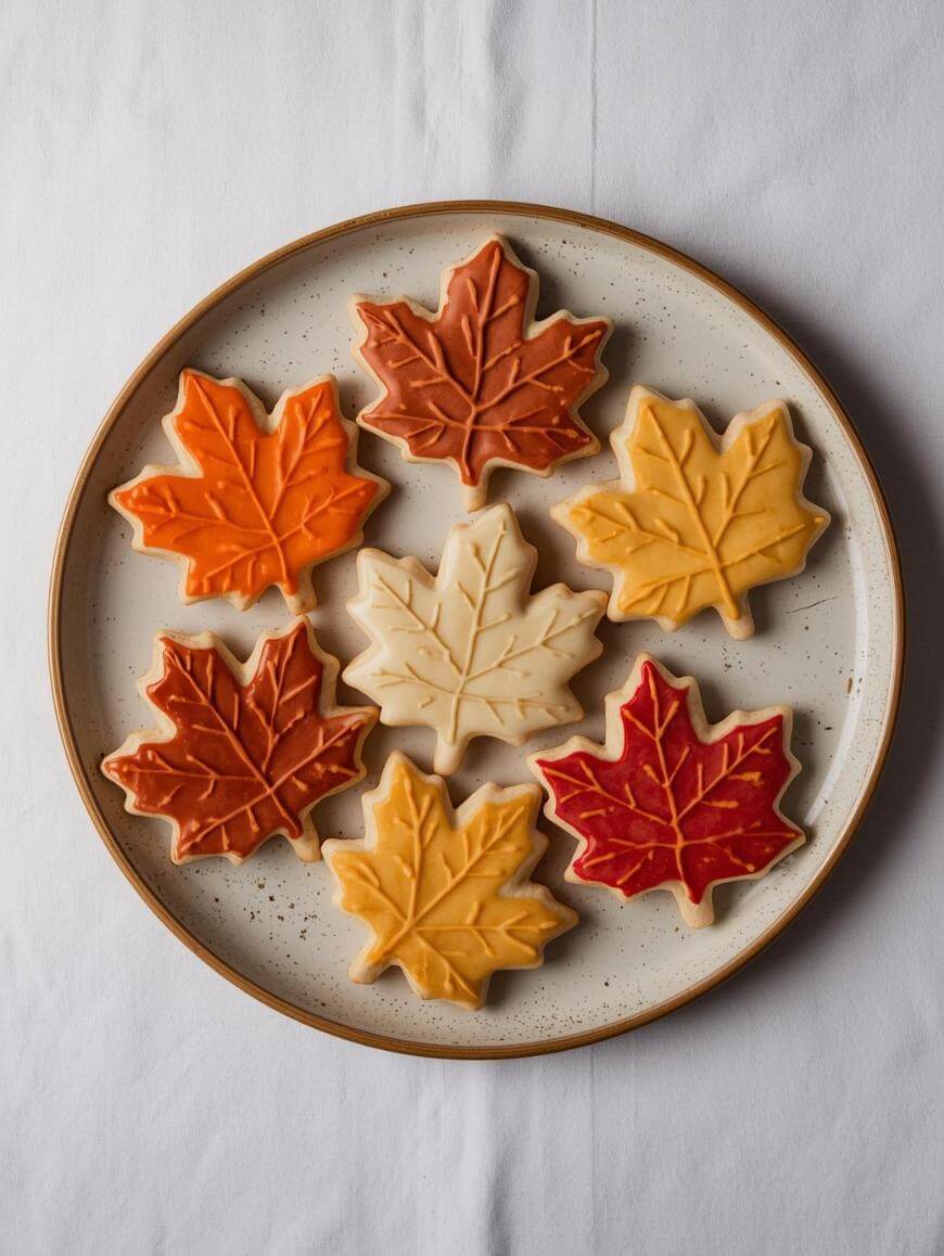 A round plate holds seven maple leaf-shaped cookies decorated with icing in fall colors: red, orange, yellow, and cream. The plate is set on a white cloth background.
