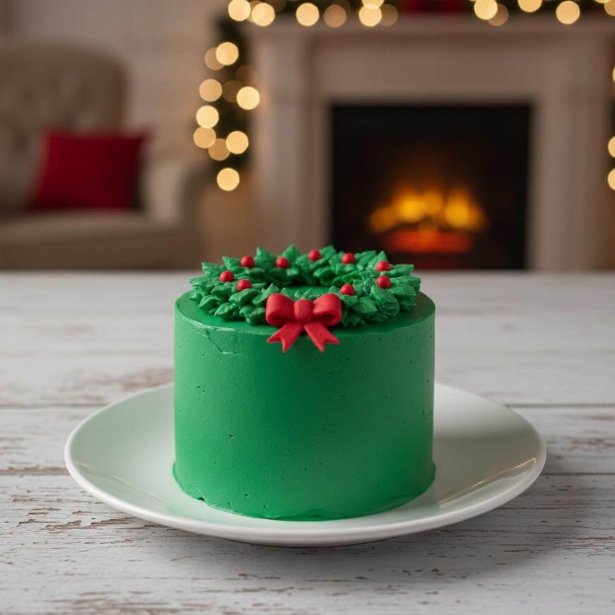 A round cake with smooth green frosting, decorated with a wreath design, red berries, and a red bow on top sits on a white plate. Warm fairy lights and a fireplace are blurred in the background.