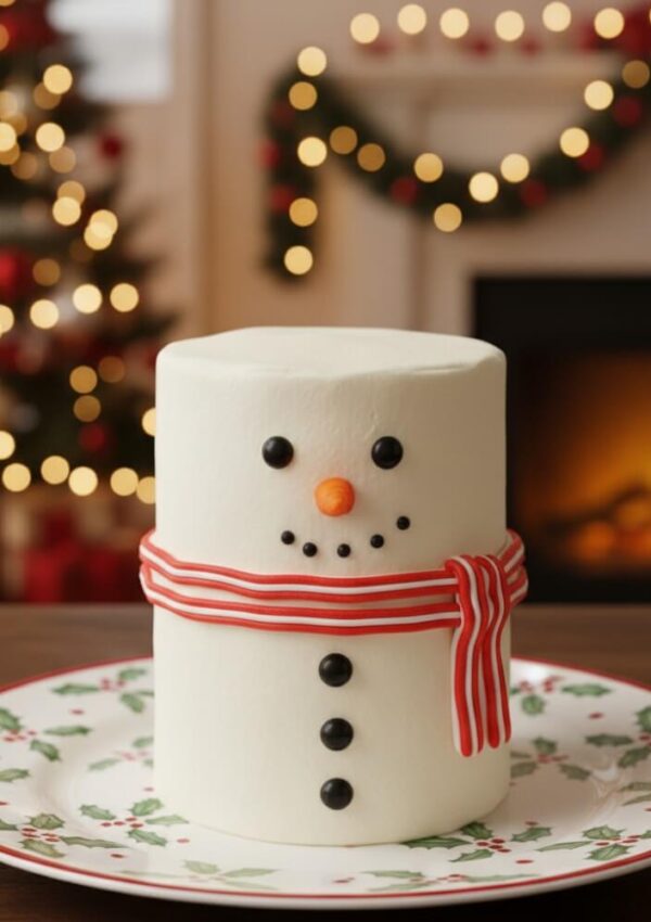 A festive snowman-shaped cake with black buttons, a red-and-white striped scarf, and an orange nose sits on a decorated plate. In the background, a Christmas tree and fireplace are lit with warm lights.