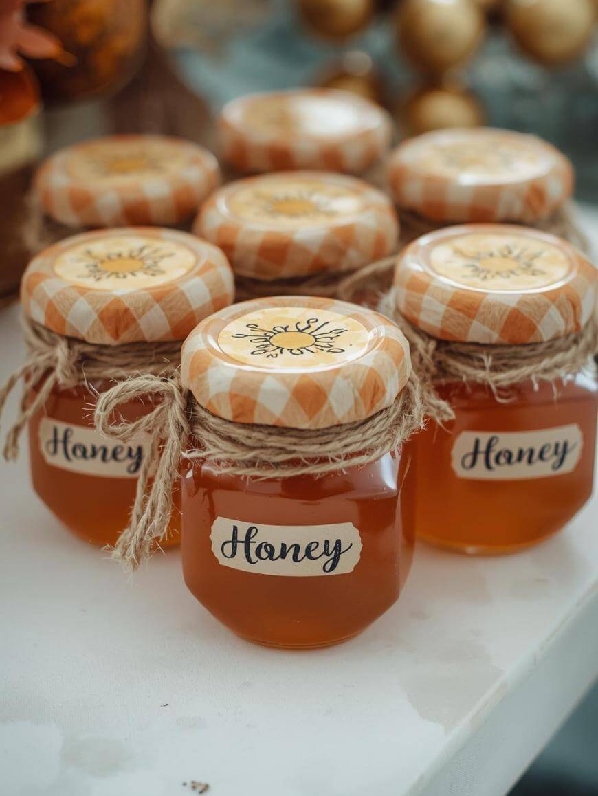 Six small glass jars filled with honey are arranged on a white surface. Each jar has a label that says Honey and is decorated with twine and a patterned lid.