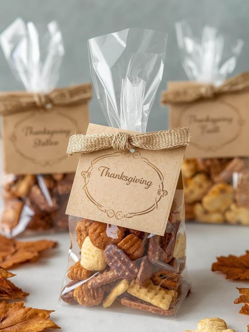 Clear cellophane bags filled with festive fall snacks and labeled Thanksgiving are tied with twine bows. The bags sit on a white surface, surrounded by dried autumn leaves.