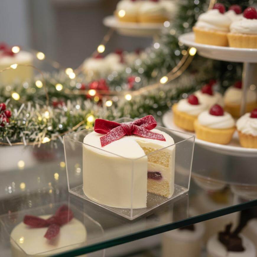 A small white cake with a red bow on top, placed in a clear box with a slice cut out, sits on a glass shelf. Behind it, cupcakes with white frosting and raspberries are displayed on a festive tiered stand.