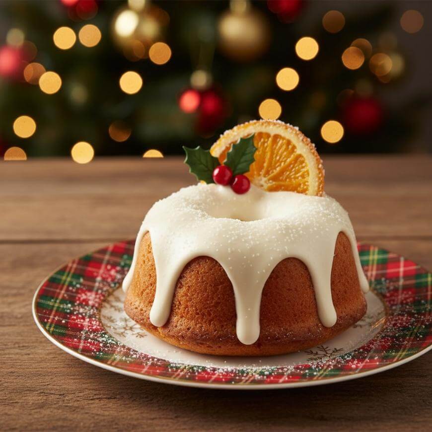A small bundt cake with white icing, topped with a dried orange slice and holly, sits on a festive plaid plate. Warm holiday lights and a decorated Christmas tree are blurred in the background.