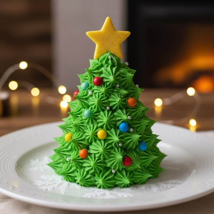 A festive dessert shaped like a Christmas tree, decorated with green icing, colorful candy ornaments, silver balls, and topped with a yellow star, sits on a white plate with fairy lights and a fireplace in the background.
