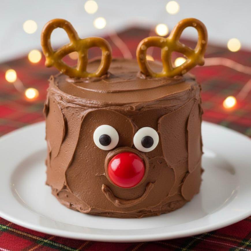 A small round chocolate cake decorated as a reindeer with pretzel antlers, candy eyes, a red candy nose, and a smiling mouth, set on a white plate with a red plaid tablecloth and blurred lights in the background.