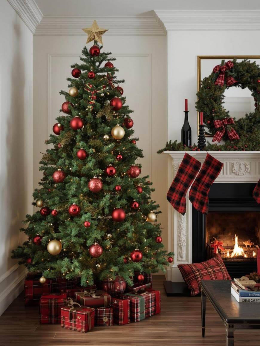 A decorated Christmas tree with red and gold ornaments stands next to a fireplace. Red plaid stockings hang on the mantle, wrapped gifts sit under the tree, and a wreath with a plaid ribbon hangs above the lit fireplace.