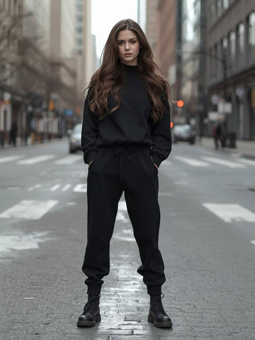 A woman with long brown hair stands confidently in the middle of an empty city street, wearing a black tracksuit and black boots. Tall buildings line both sides of the urban setting.