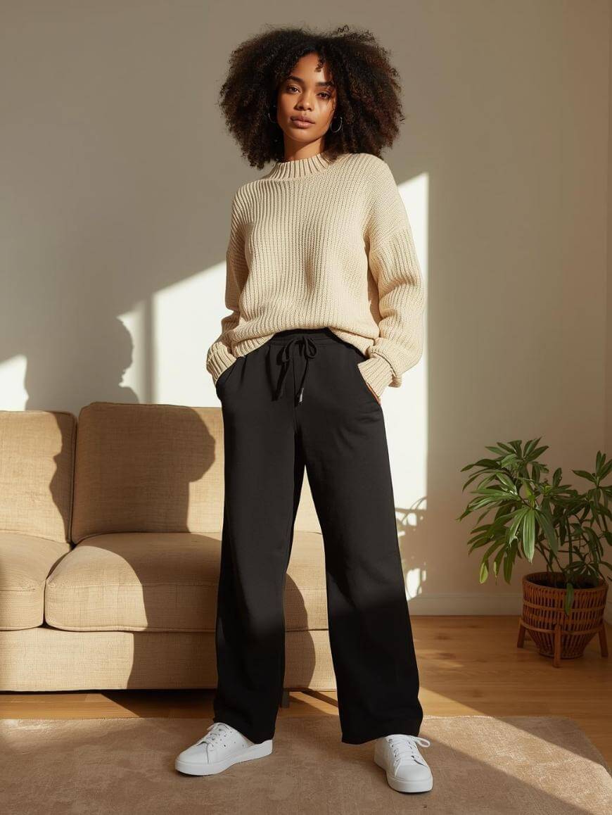 A person with curly hair stands in a sunlit living room, wearing a cream sweater, black pants, and white sneakers. A beige sofa and green potted plant are visible in the background.