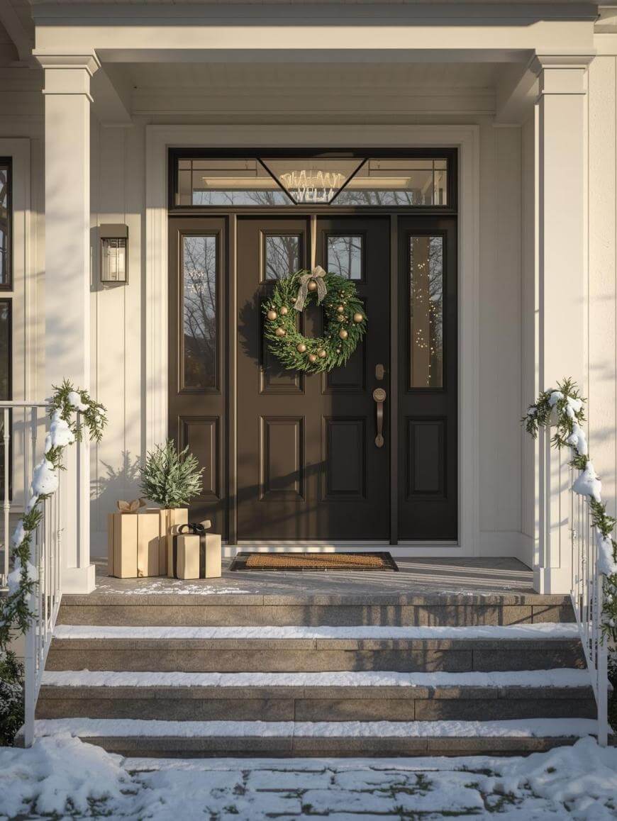 A festive front porch with a dark wooden door decorated with a green wreath, flanked by sidelights. Snow-dusted steps, garland on the railings, gift boxes, and a small potted pine create a cozy winter scene.