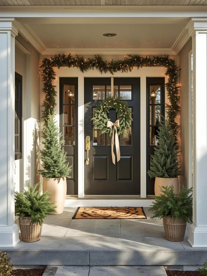 A festive front porch with a black door, a wreath with a ribbon, potted evergreen trees, and garlands with lights around the doorframe, creating a welcoming holiday atmosphere.