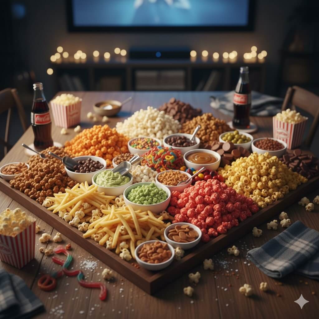 A table filled with various snacks including colorful popcorn, fries, candy, nuts, chocolate, and bowls of dips, with soda bottles and popcorn tubs. In the background, a TV and string lights create a cozy atmosphere.