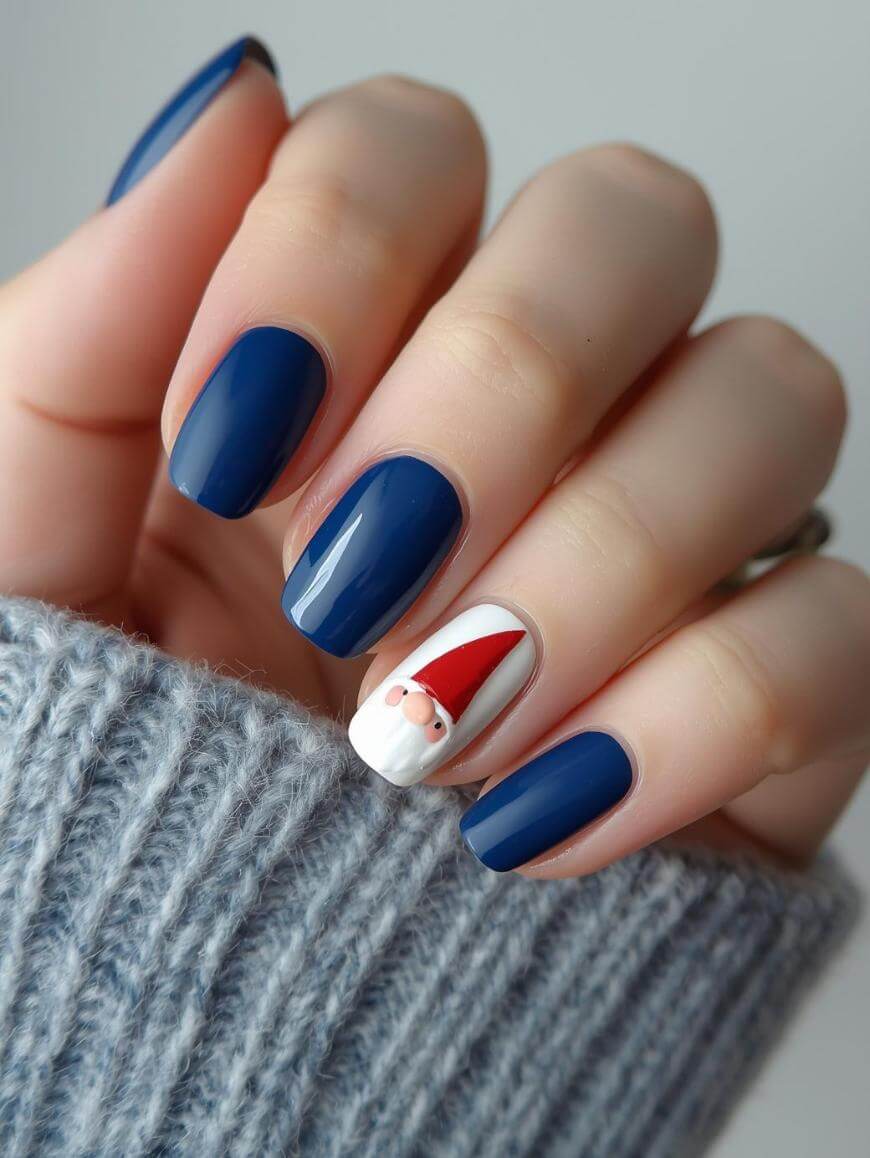 A hand with dark blue polished nails, except for the ring finger which features a festive Santa Claus face design. The person is wearing a gray knitted sweater.