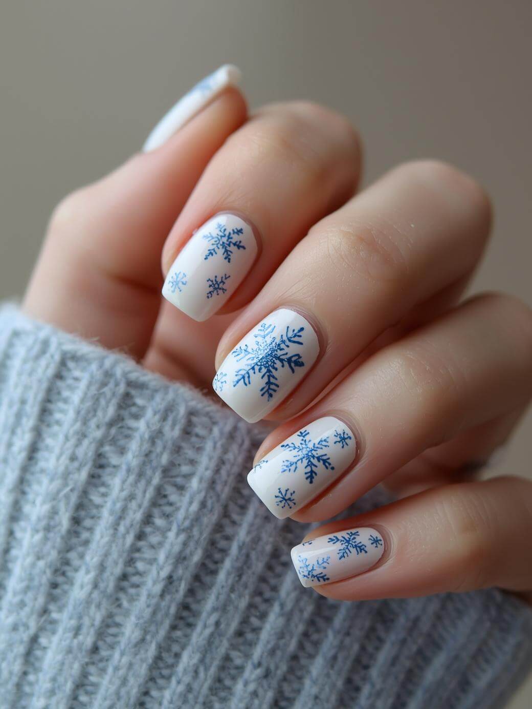 A hand with short, neatly manicured nails painted white, each featuring detailed blue snowflake designs. The person is wearing a light gray ribbed sweater.