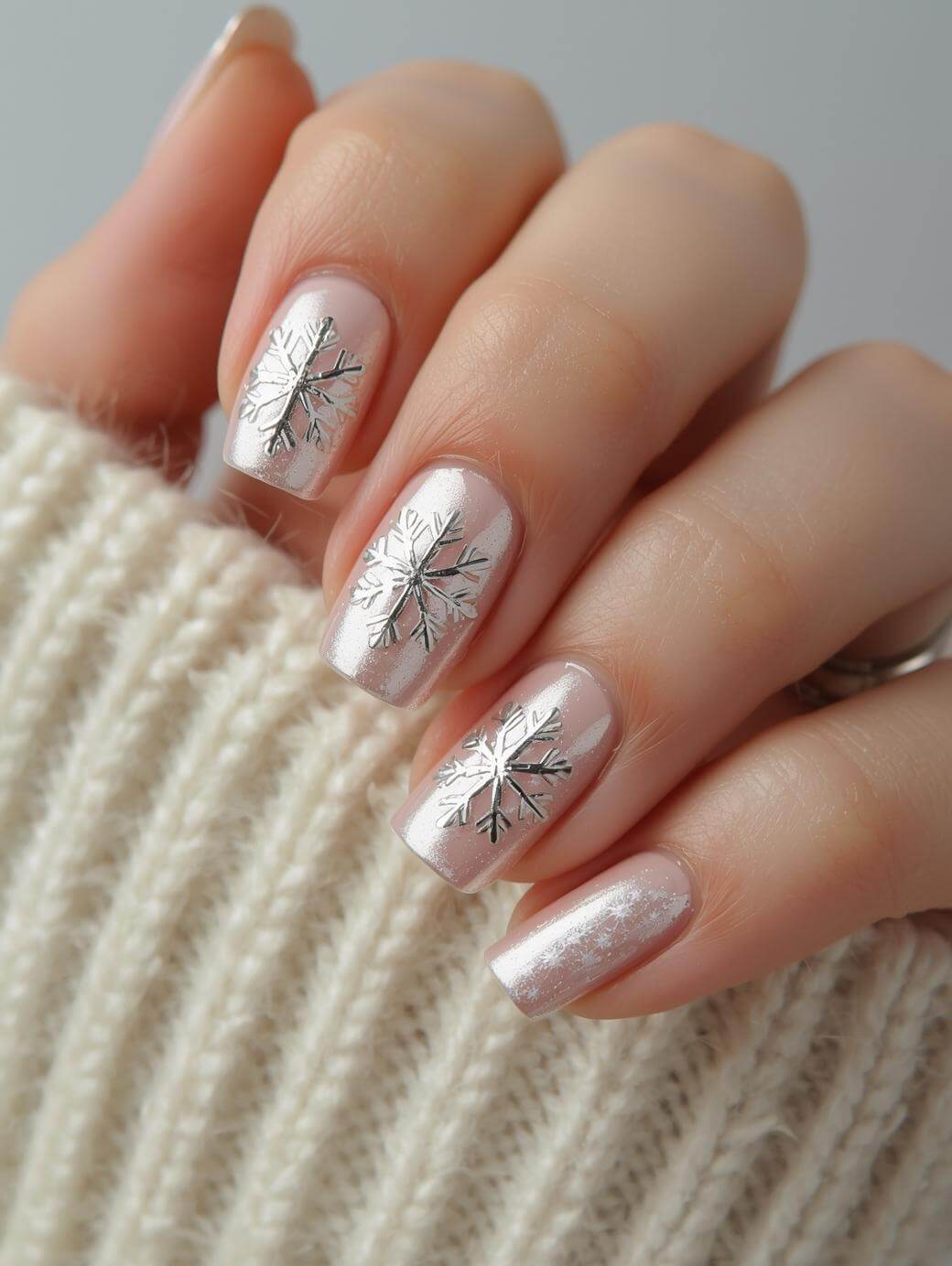 A hand with pale pink, shimmery nail polish, each nail decorated with a silver snowflake design. The person is wearing a cream-colored knit sweater.