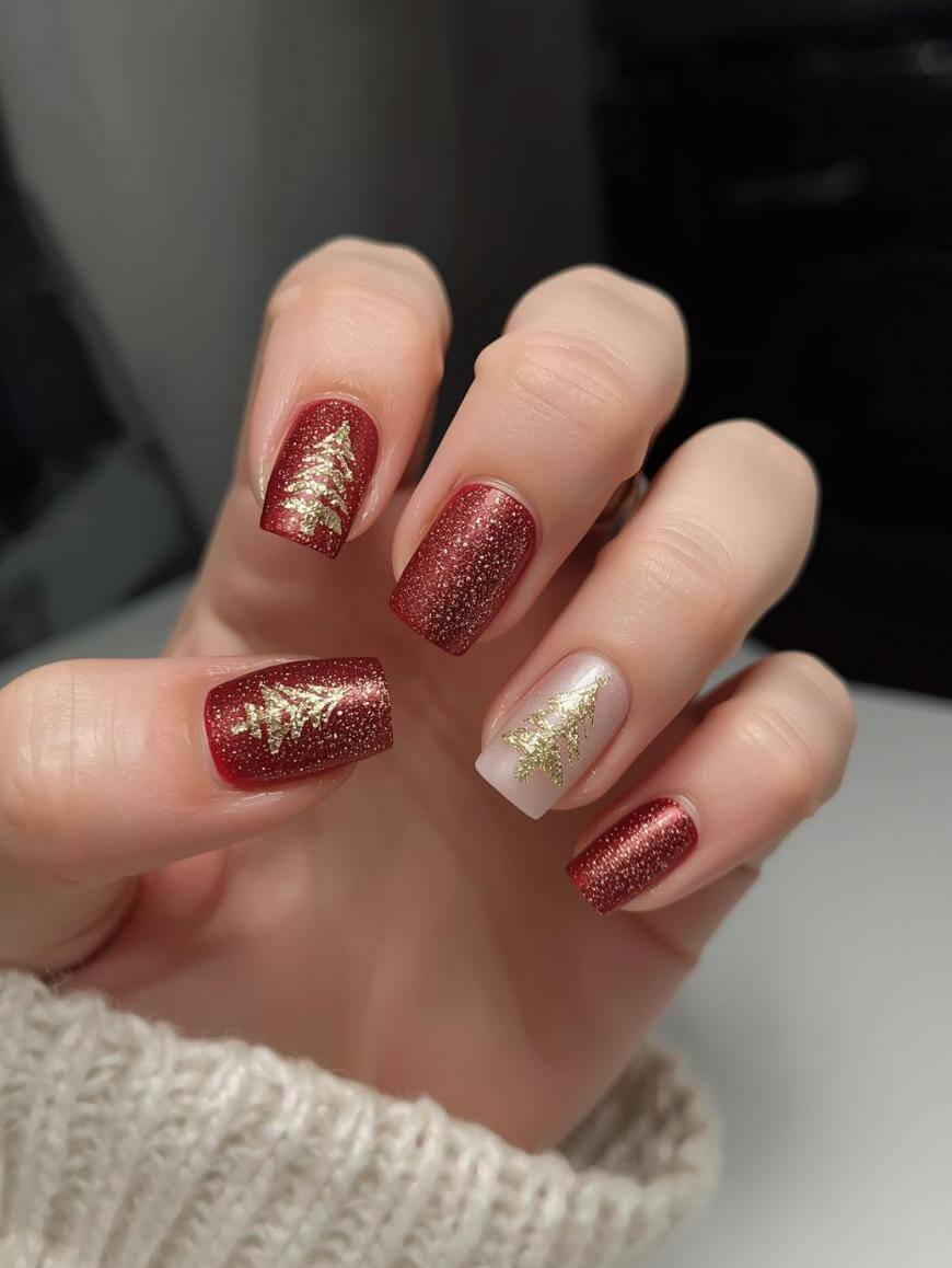 A hand with short, square-shaped nails painted in glittery red polish, except one nail in nude color. Gold Christmas tree designs are featured on two nails. The person is wearing a beige knitted sweater.