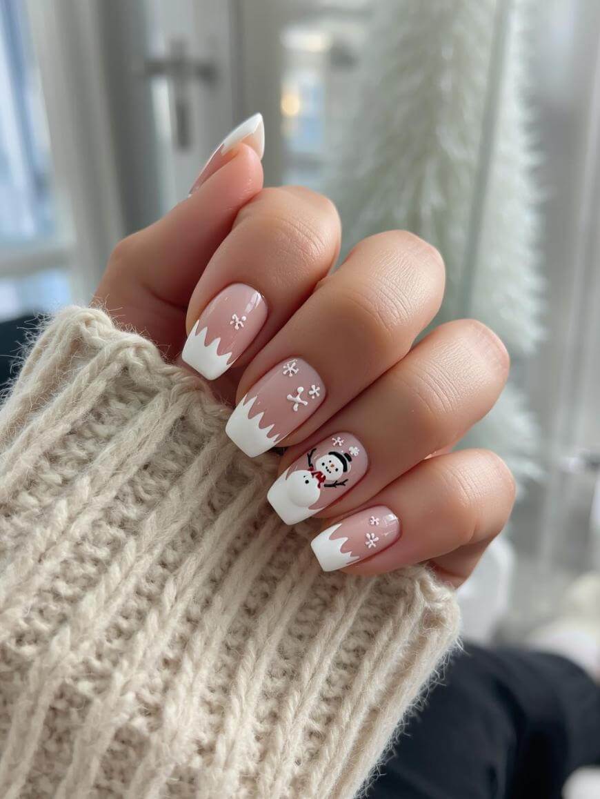 A hand with nude nails featuring white snow tips, snowflake designs, and a small snowman accent on one nail. The person is wearing a cream knit sweater, and the background is softly blurred.