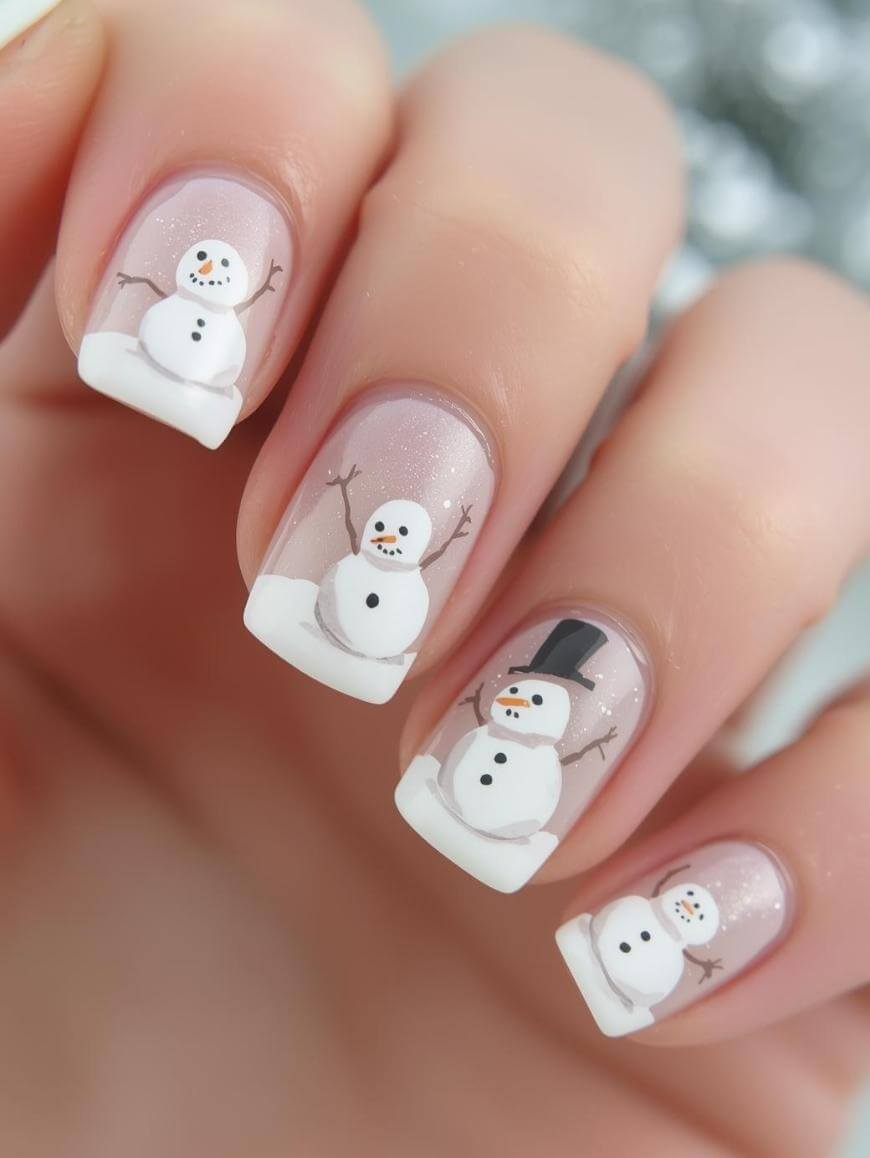 Close-up of a hand with winter-themed nail art featuring cute snowmen with tiny arms, faces, and one with a black hat, painted on a pale pink base with white tips on each fingernail.