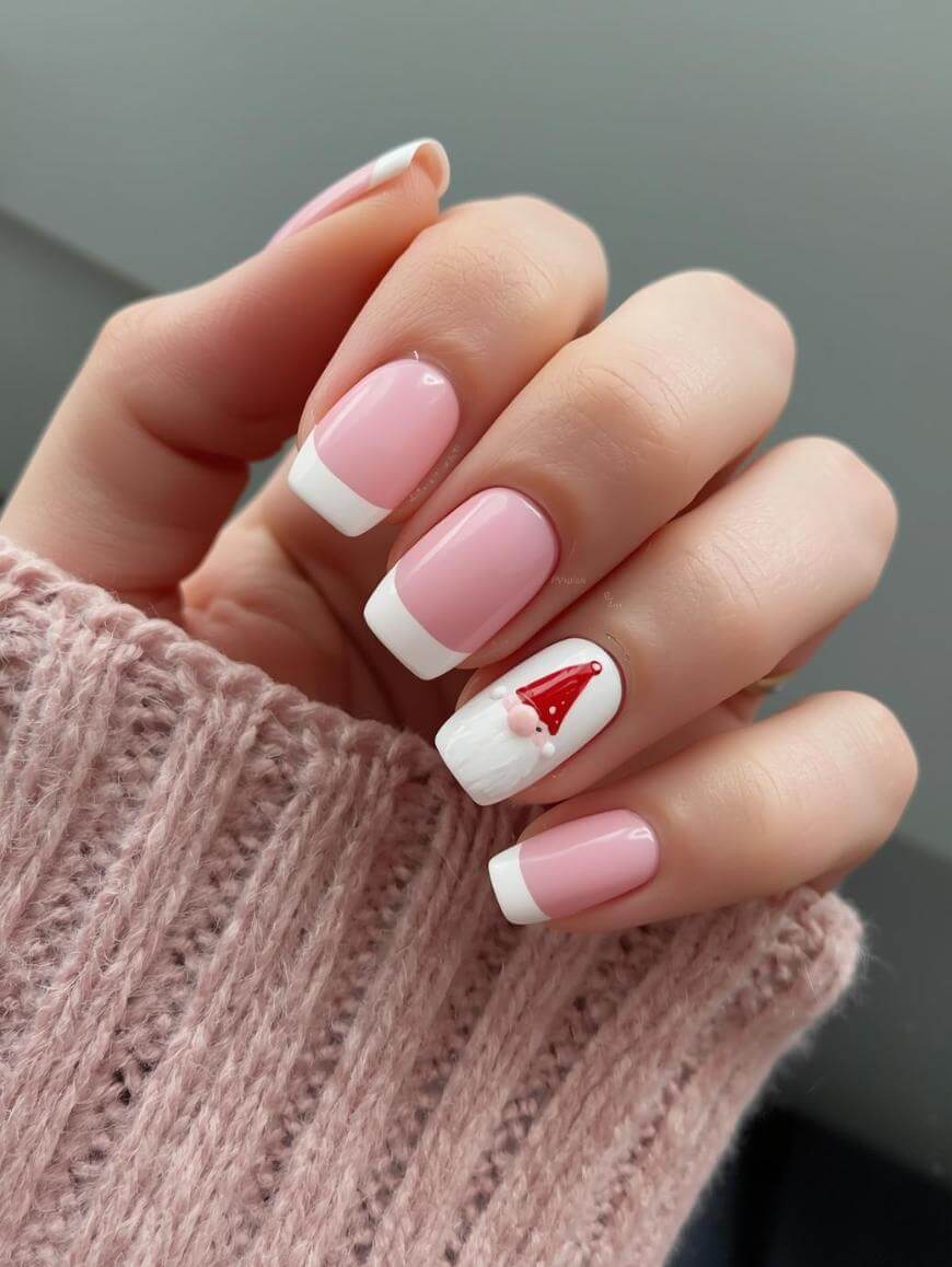 A hand with pink and white French tip nails; the ring finger features a festive design of a red Santa hat with a white trim and pom-pom. The person is wearing a pink knitted sweater.