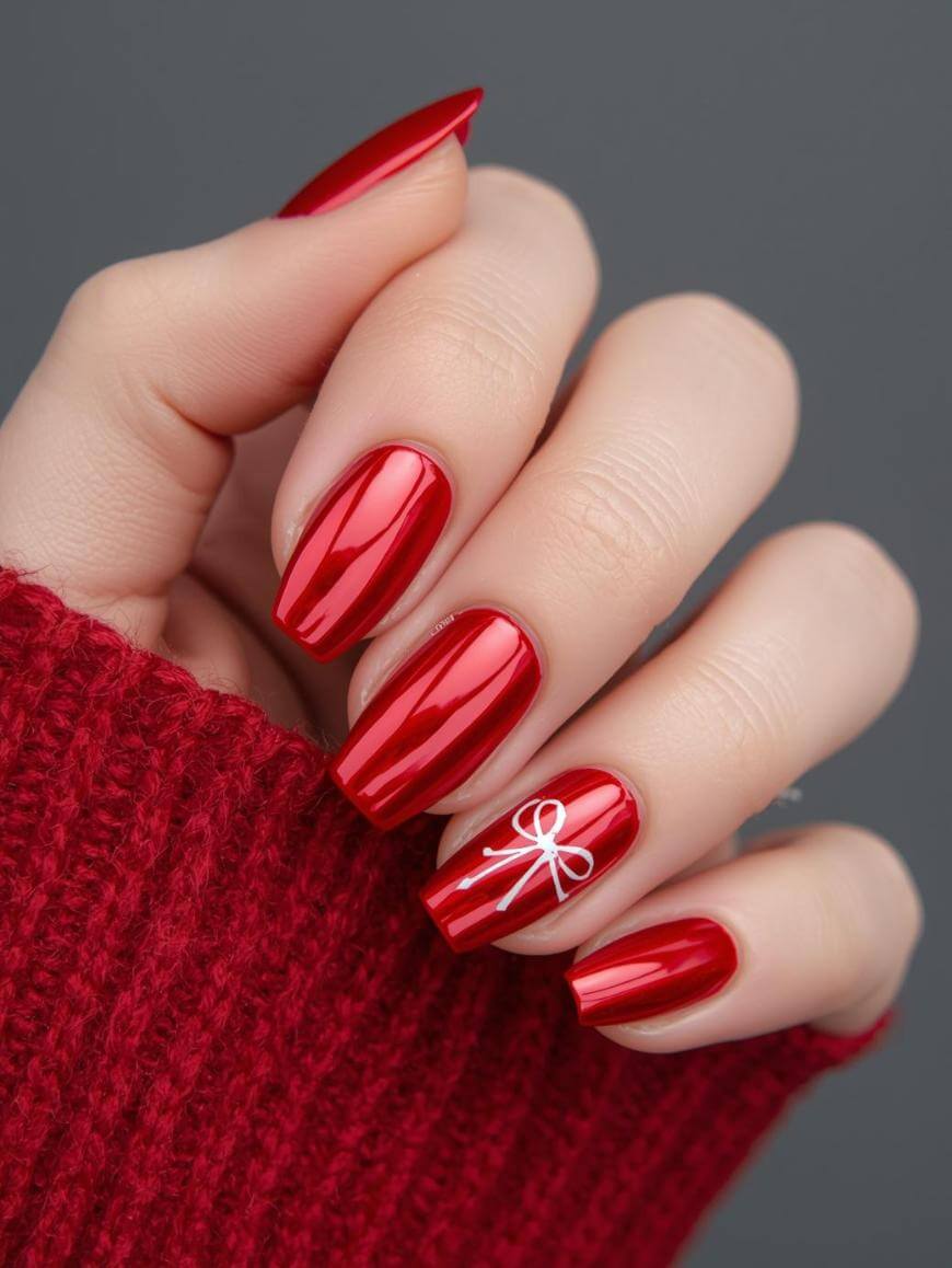 A hand with long, glossy red nails, one featuring a small white bow design. The person is wearing a red knit sweater, and the background is gray.