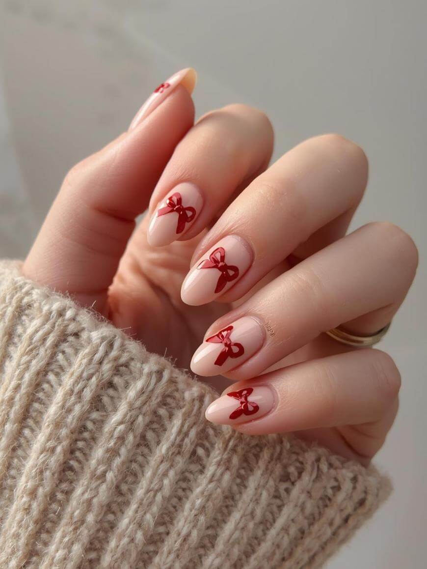A hand with almond-shaped nails painted in a nude shade, each featuring a small red bow design. The person is wearing a beige knitted sweater and a gold ring.