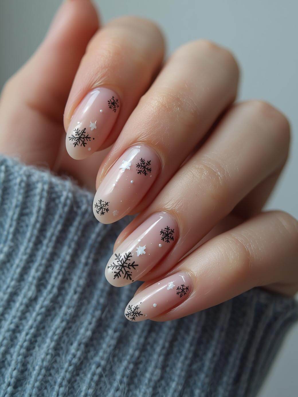 A hand with long, almond-shaped nails painted in a nude color, featuring black and white snowflake designs, resting on a gray knitted sleeve.