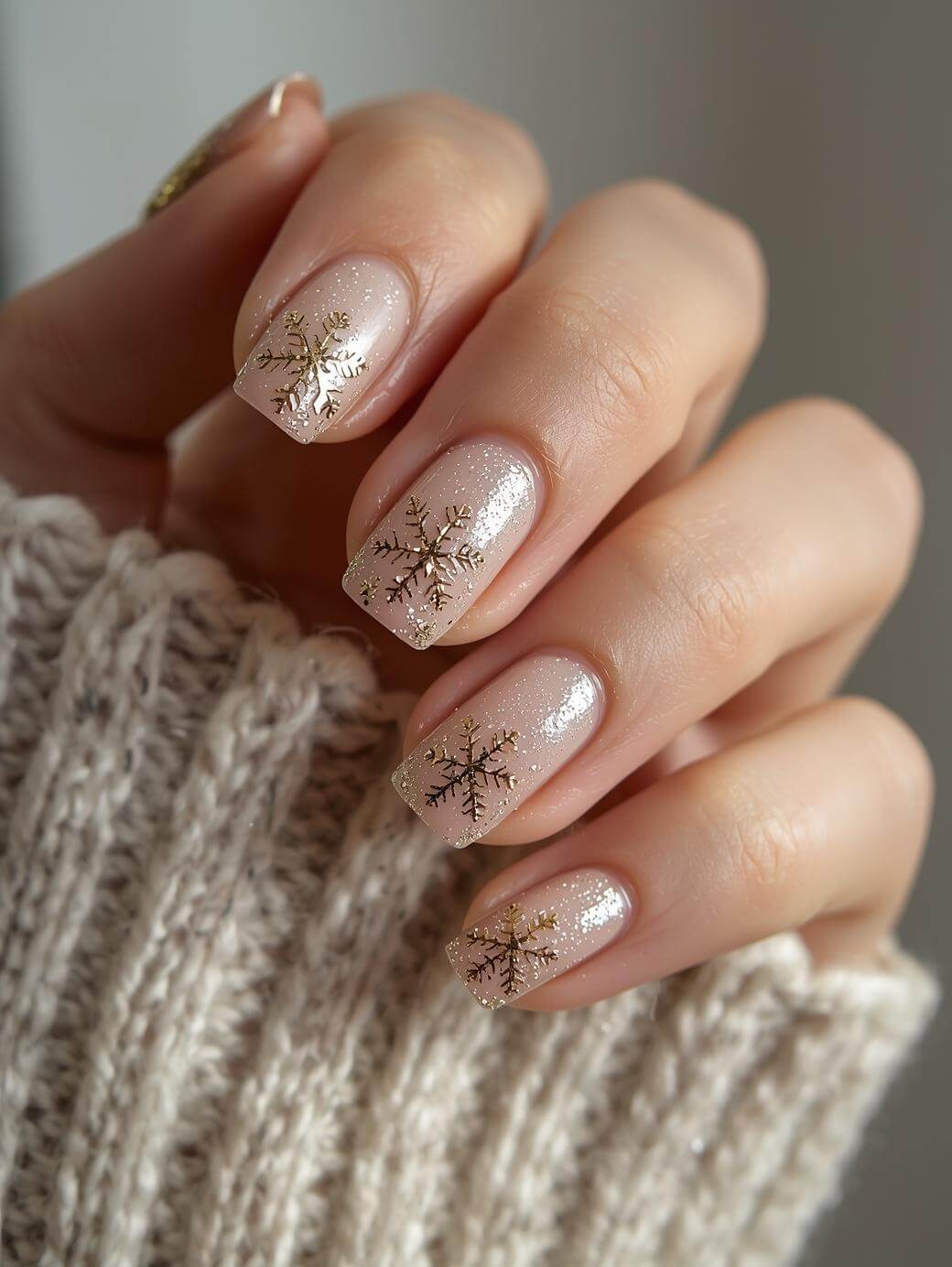 A hand with short, square-shaped nails featuring a sheer nude polish, subtle shimmer, and gold snowflake designs, partially wrapped in a chunky beige knit sweater.