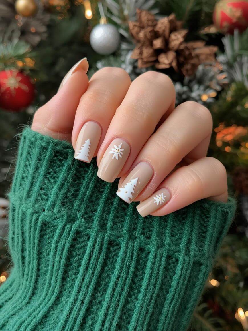 A hand with nude-colored nails featuring white Christmas tree and snowflake designs, wearing a green knit sweater, is held up in front of a decorated Christmas tree.