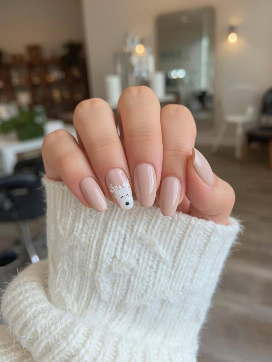 A hand with long, glossy nude-colored nails, featuring an accent nail with a cute white cartoon reindeer design, is shown in a cozy white sweater inside a softly lit modern salon.