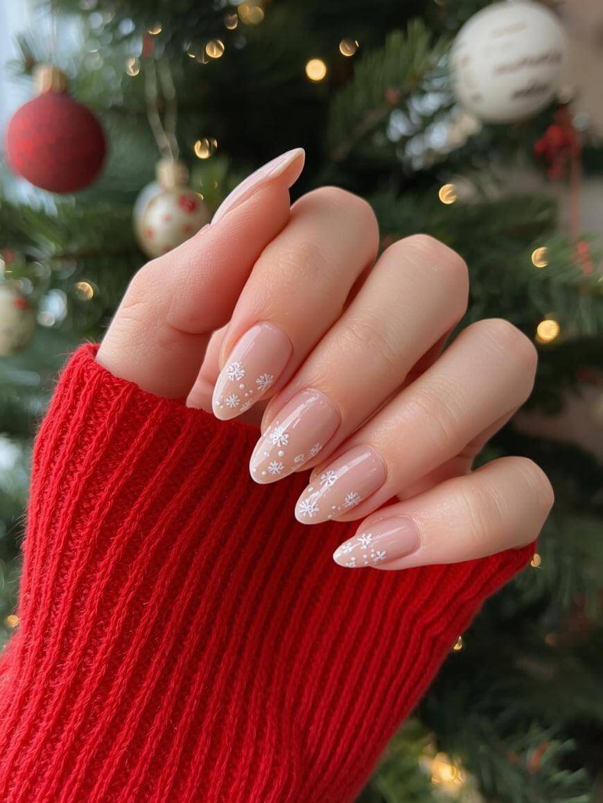 A hand with long, almond-shaped nails featuring nude polish and white snowflake designs, held in front of a Christmas tree decorated with lights and ornaments. The person is wearing a red sweater.