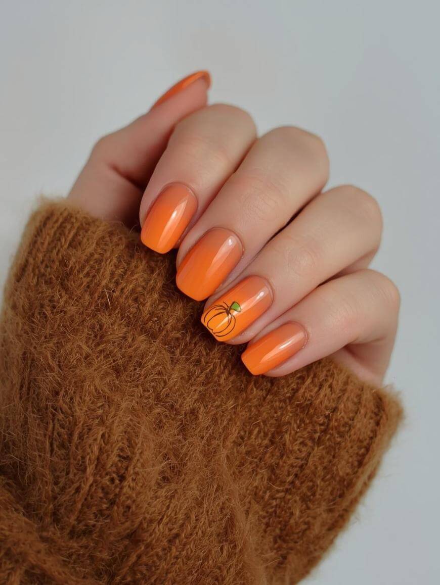 A hand with long, glossy orange nails, featuring a small pumpkin design on the ring fingernail. The person is wearing a brown, fuzzy sweater.