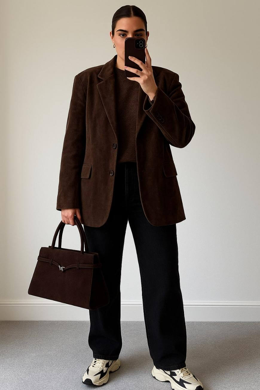 A person stands indoors taking a mirror selfie, wearing a brown blazer, dark sweater, black pants, and white sneakers. They hold a dark handbag and have their hair slicked back, standing against a plain wall.