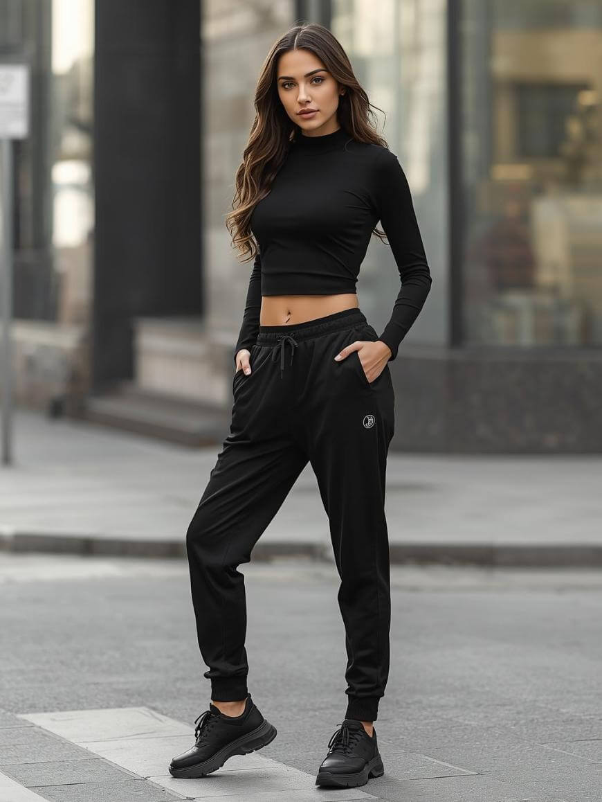 A woman wearing a long-sleeve black crop top, black jogger pants, and black sneakers stands on an urban sidewalk with her hands in her pockets, looking at the camera. The background is slightly blurred.