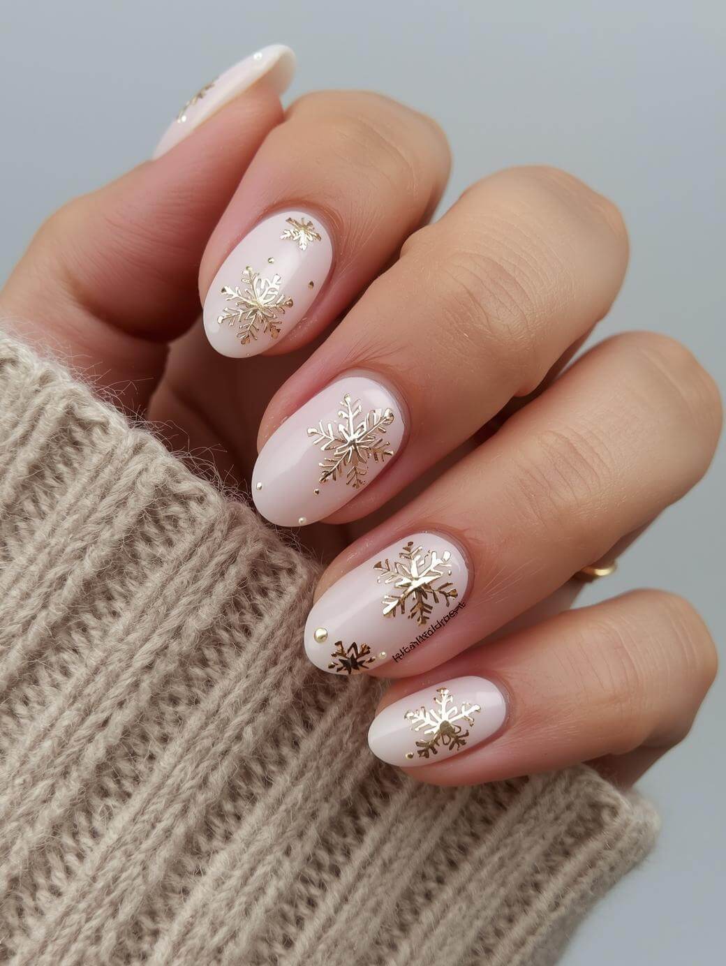 A hand with almond-shaped nails painted in pale pink, each nail decorated with intricate gold snowflake designs. The person is wearing a beige knitted sweater.