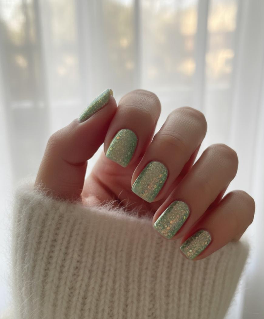 A hand with short, square-shaped nails painted with light green glittery polish, partially covered by the sleeve of a cream-colored knit sweater, is held up against a softly lit window background.