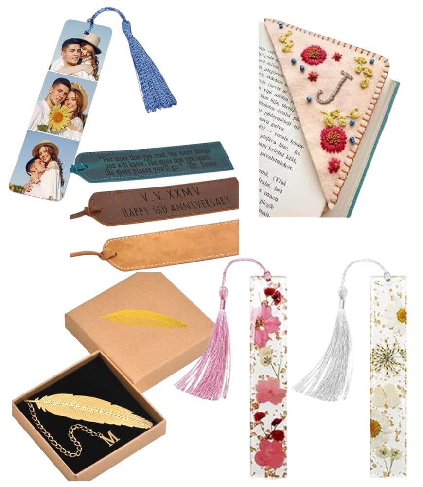A collage showing various bookmarks: custom photo bookmarks, engraved leather bookmarks, a floral-embroidered felt corner bookmark, flower-pressed bookmarks with tassels, and a gold feather bookmark in a box.